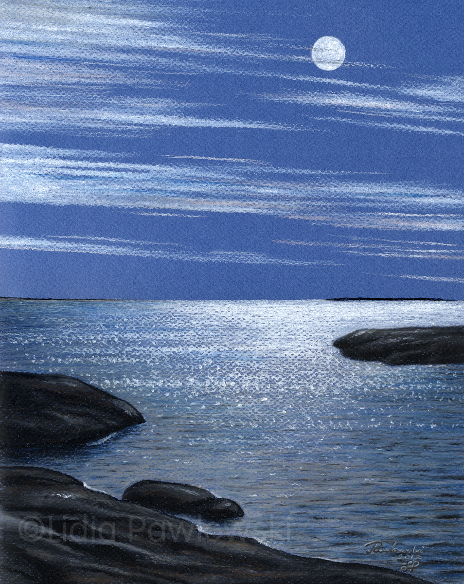 Pastels, Moonlight over Georgian Bay, Huron Lake, Ontario